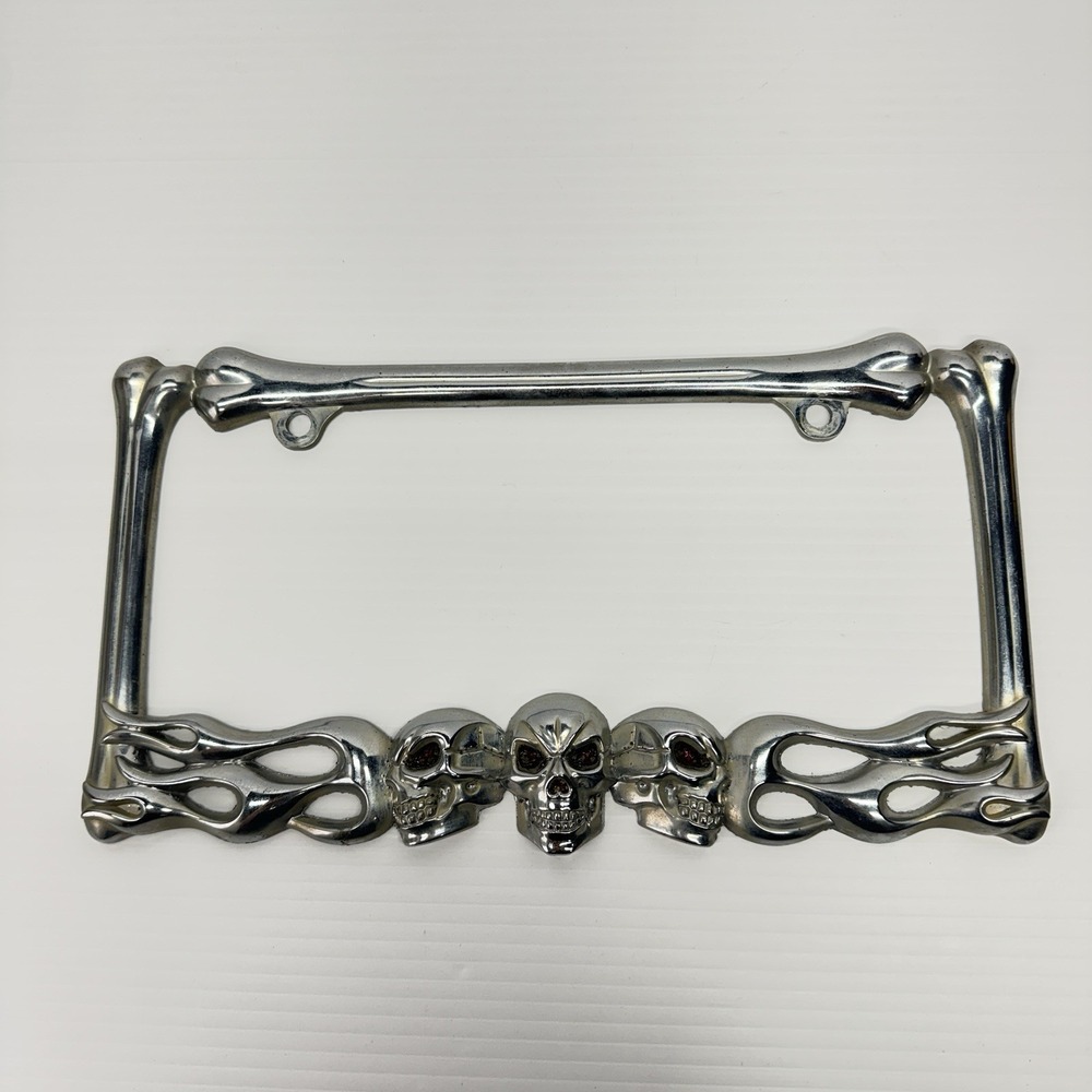 Skulls Vintage Booster License Plate Frame Flames Skull Ghost Flames Bones Metal